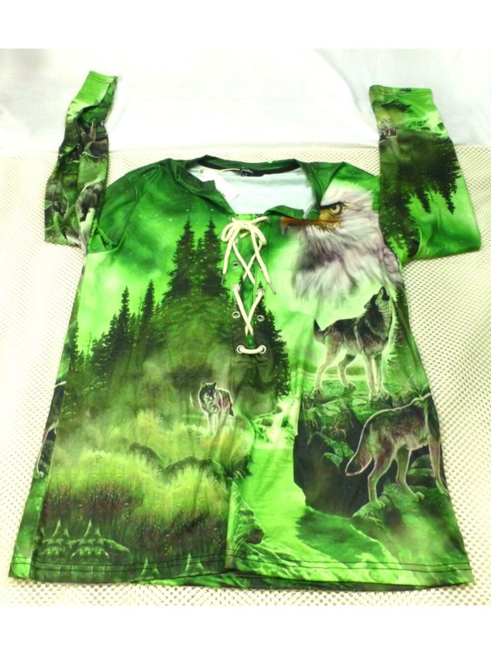 Green Forest Wolves & Eagle Lace-Up Long Sleeve Shirt Small Ouku Polyester Blend